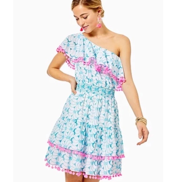 Lilly Pulitzer Dresses & Skirts - Lilly Pulitzer Addilyn One Shoulder Dress Blue Tropical Swirl Eyelet S